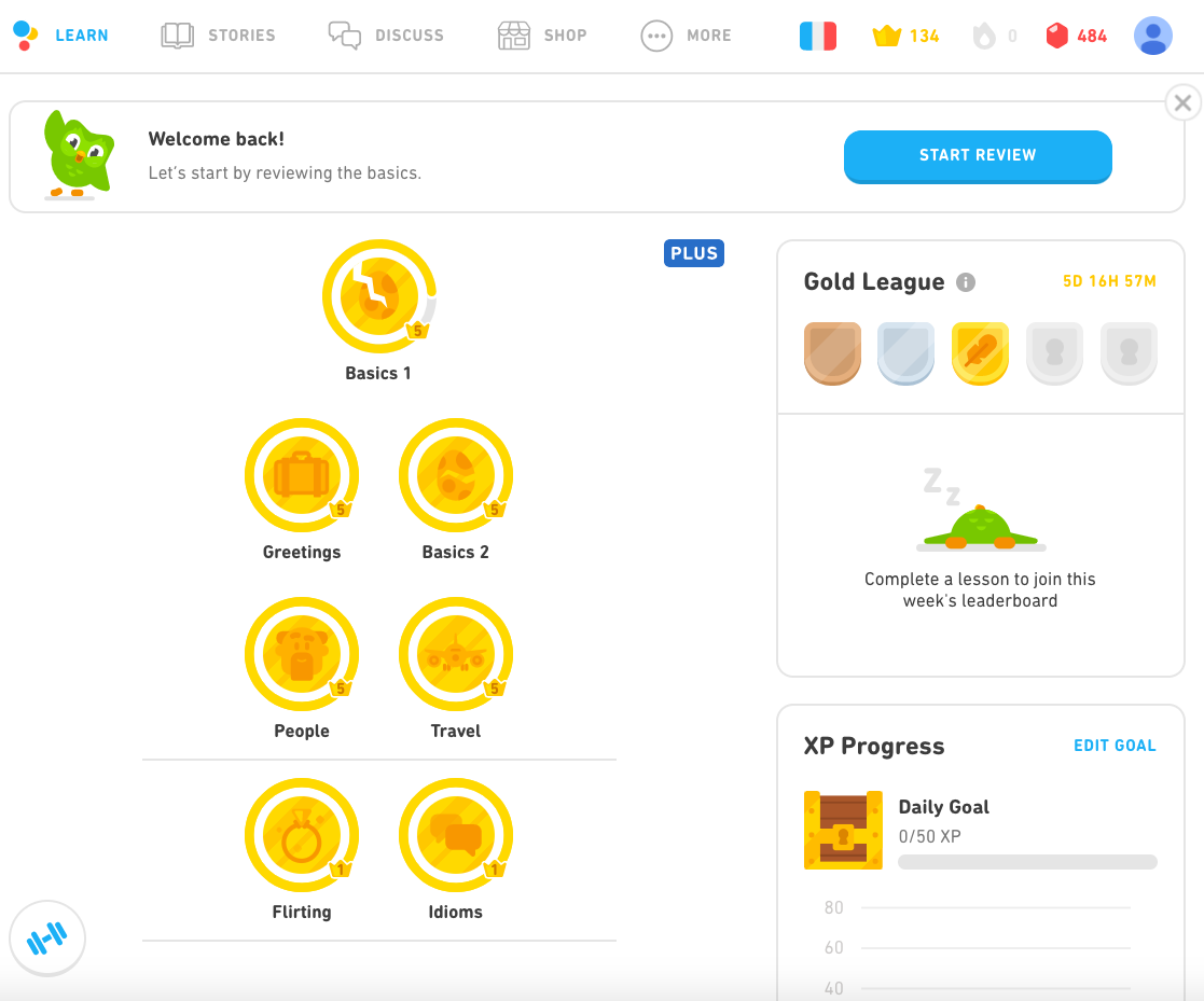 Так выглядит заброшенный Duolingo. Треснул со временем даже навык Basics 1