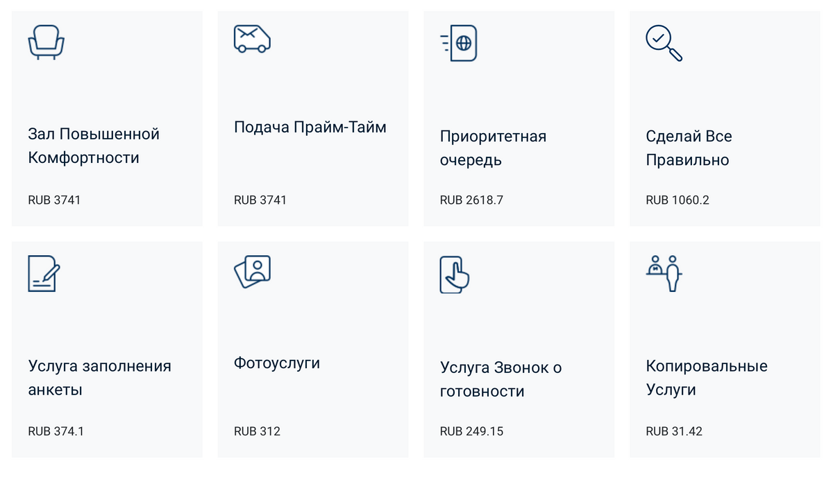 Стоимость разных дополнительных услуг на сайте визового центра в Петербурге. Источник: visa.vfsglobal.com