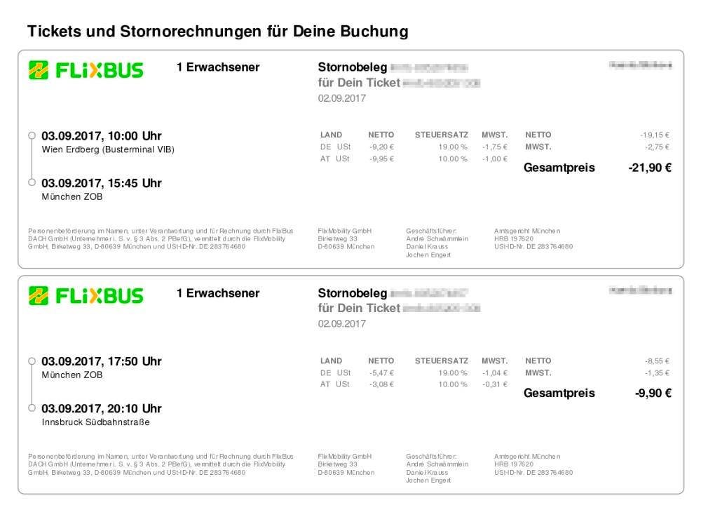 Билет на Flixbus по направлению Вена — Мюнхен — Инсбрук, который куплен день в день. Проезд обошелся в 31 €