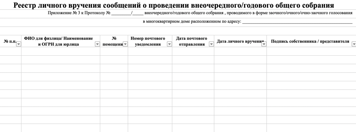 Реестр вручения уведомлений о проведении общего собрания образец
