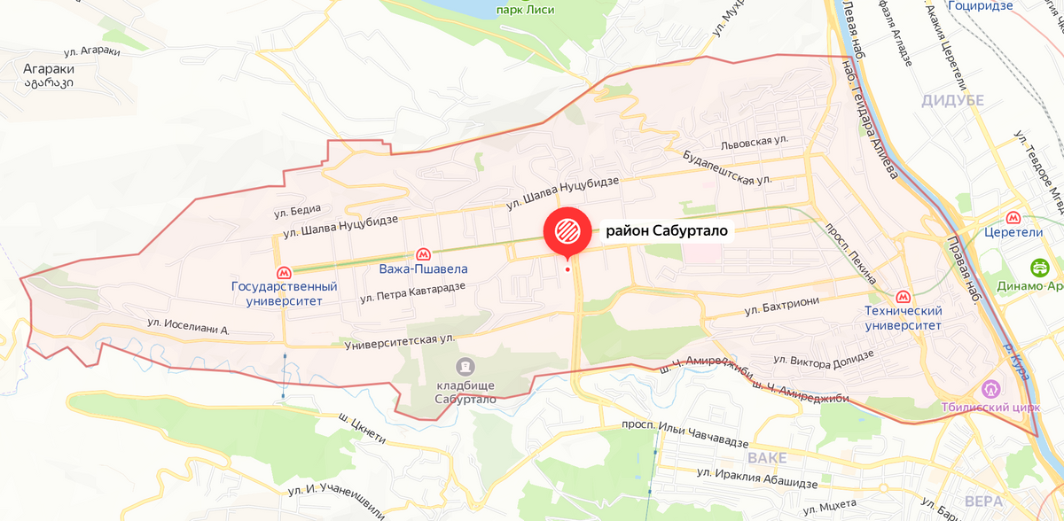 Сабуртало, где я живу, находится совсем рядом с центром. Это самый большой район Тбилиси. Источник: yandex.ru