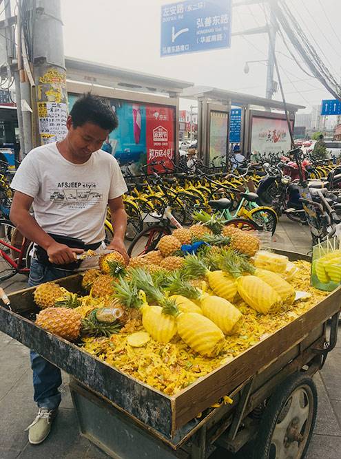 По всему Китаю встречаются магазины на колесах, где чистят и продают фрукты. Такой ананас отдают за 15 Ұ