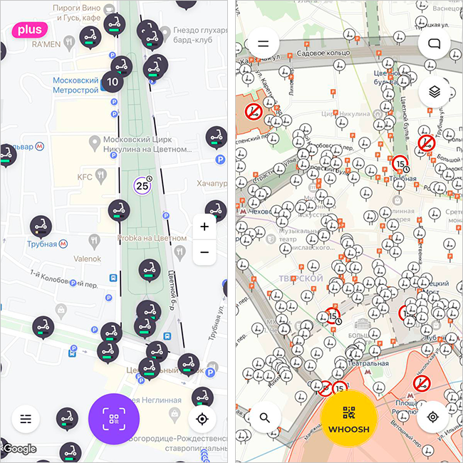 На карте в приложениях можно найти самокаты поблизости и проверить, где именно их можно припарковать