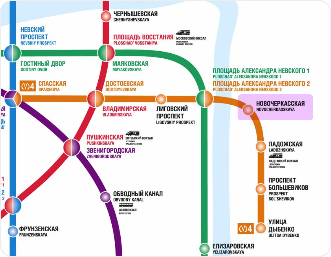 Станция «Новочеркасская» находится на четвертой, оранжевой линии метро. Источник: spbmetropoliten.ru