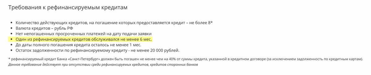На сайте банка «Санкт-Петербург» указано требование — 6 месяцев хотя бы одному из кредитов. Получается, по другим кредитам достаточно хотя бы месяца выплат. Источник: bspb.ru