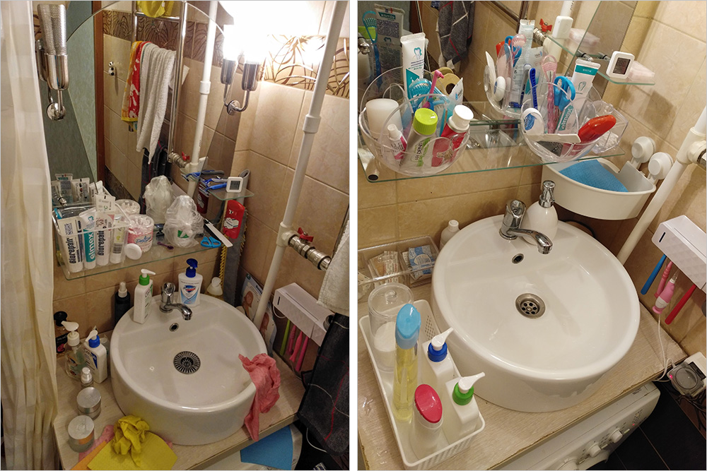 Зона раковины в ванной: было — стало. Когда я навела порядок и убрала визуальный шум, почувствовала, что в ванной стало легче находиться