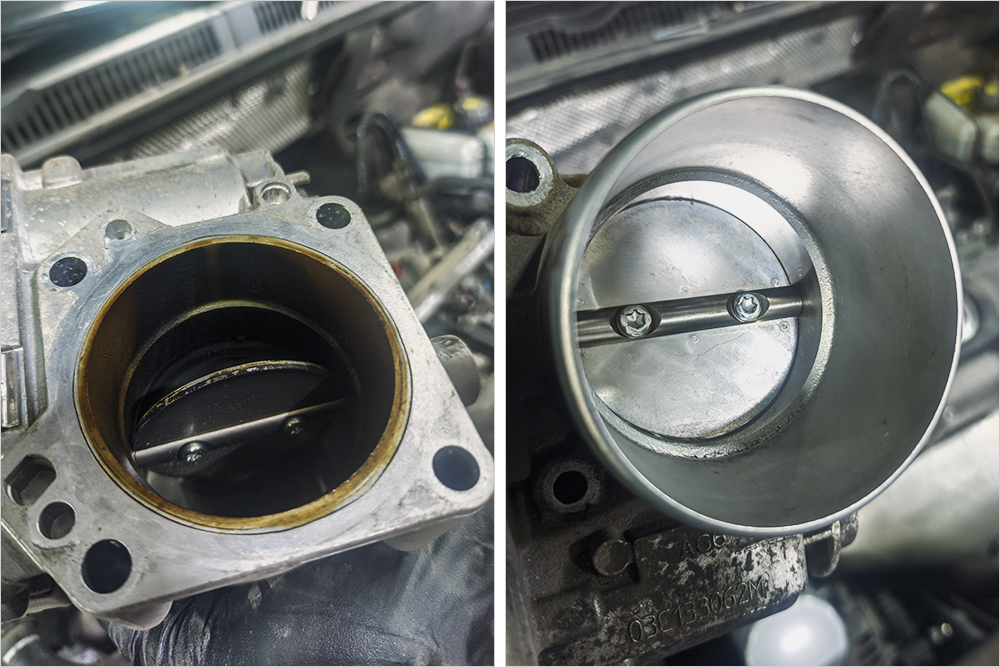 Дроссельная заслонка двигателя Фольксваген 1.6&nbsp;CFNA до и после очистки