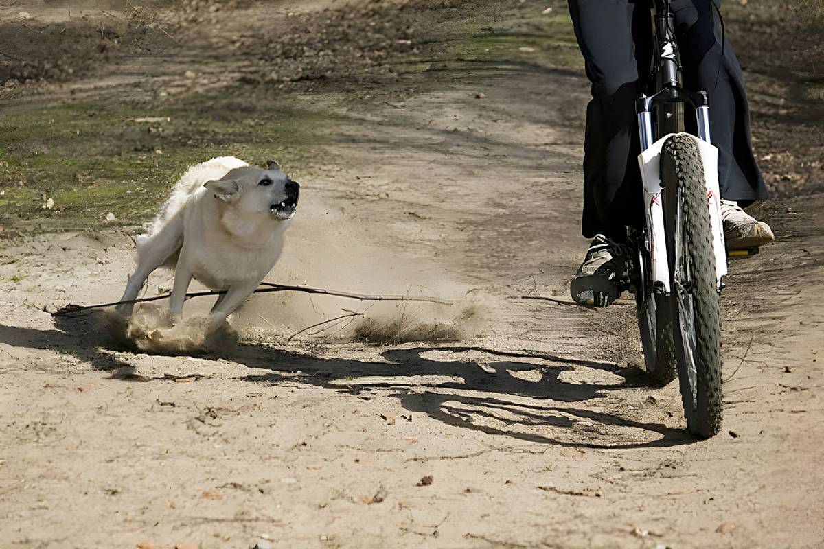 Собака лает в погоне за велосипедом, для нее это, вероятно, «охота». Источник: dnipro.bike