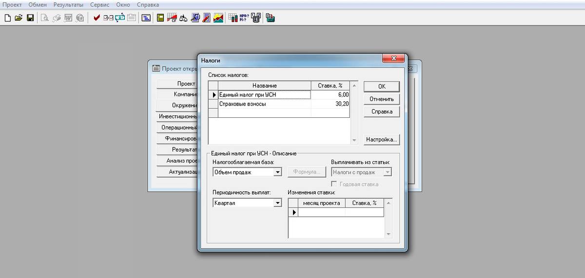Вначале я выставляю временные рамки реализации проекта, параметры отображения данных, ставку дисконтирования, перечень и основные параметры налогов