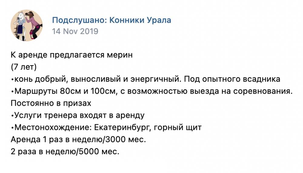 Пример объявления об аренде в группе во «Вконтакте»