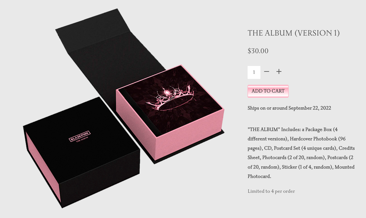 Альбом группы BLACKPINK на официальном сайте продается за 30 $ (1800 <span class=ruble>Р</span>). В комплекте к диску с музыкой идут стикеры, открытки, фотобук, фотокарточки. Источник: blackpinkmusic.com
