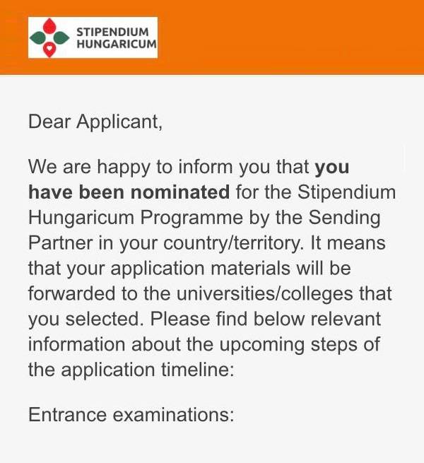 Ответ студенту, что он номинирован на стипендию Stipendium Hungaricum и его заявка уйдет в выбранные им венгерские вузы