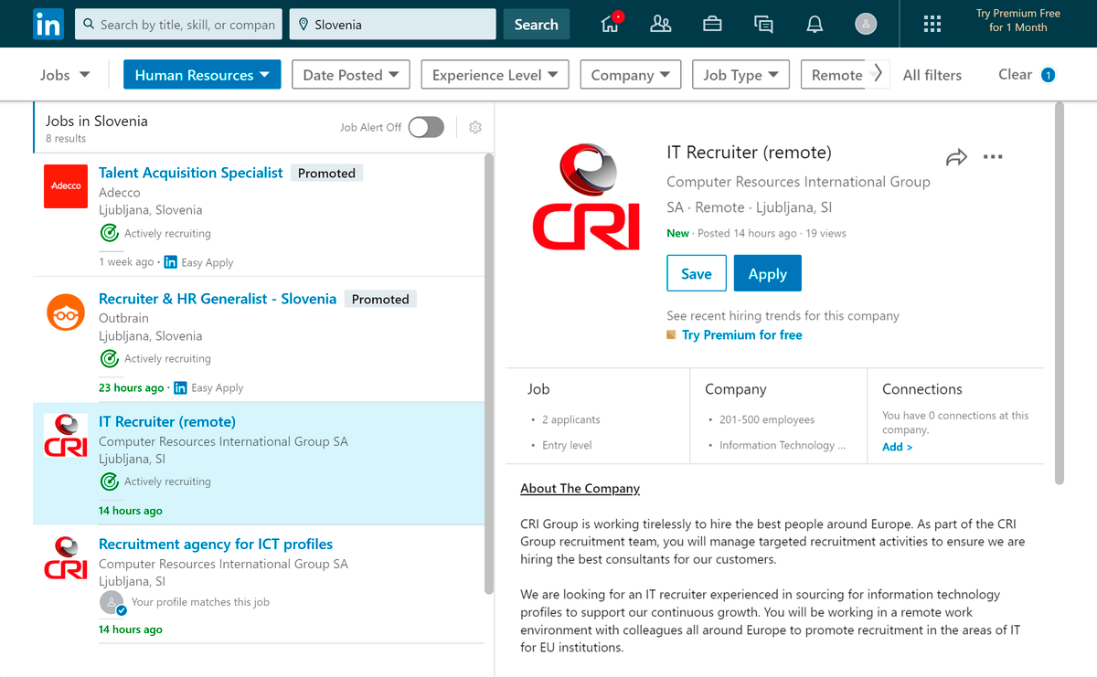 Я ввела human resources не в строке поиска, а в фильтре Job function. Появилось еще четыре вакансии, которые тоже относятся к управлению персоналом. Вывод: чтобы найти интересные предложения, экспериментируйте с поисковыми запросами и фильтрами