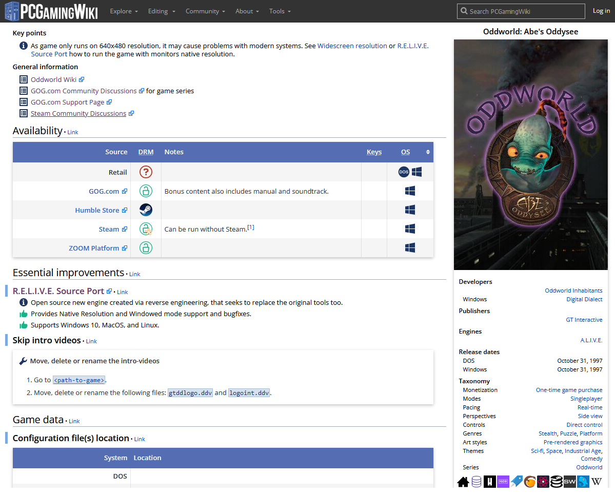 Страница оригинальной Oddworld на PCgamingWiki. На ней есть детальная информация по техническим характеристикам игры, причинам вылетов и модификациям. Источник: pcgamingwiki.com