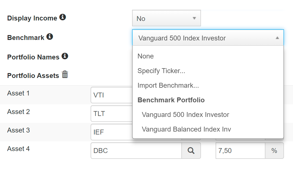 Задаем бенчмарк через выпадающий список — в&nbsp;нашем случае Vanguard&nbsp;500 Index Investor