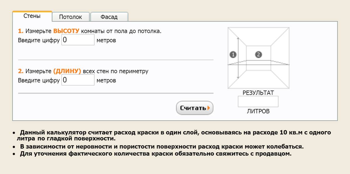 В интернете много калькуляторов расхода краски. Чтобы рассчитать, сколько нужно литров, нужно ввести длину и высоту стен. Источник ― «Питтсбург-пейнтс»