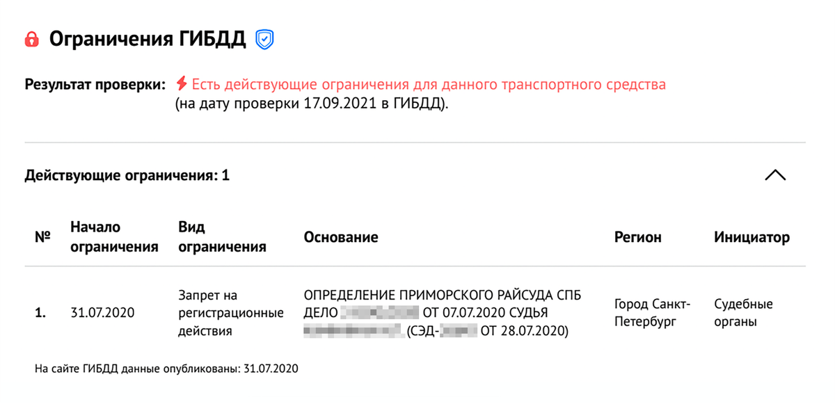 В отчете по автомобилю фигурировало определение суда, который наложил ограничения на регистрацию