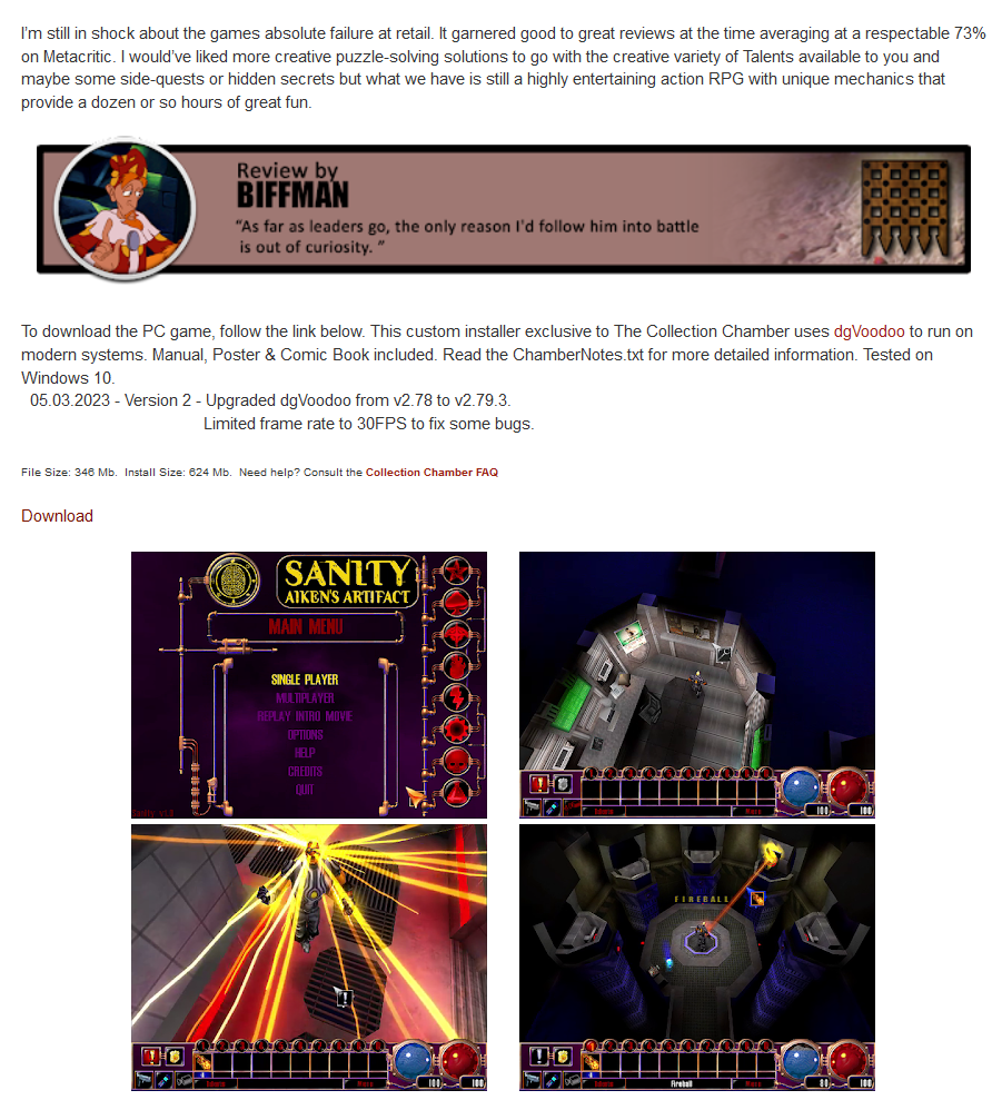 Страница с кратким описанием игры Sanity: Aiken’s Artifact и ссылкой, откуда ее можно загрузить. Источник: collectionchamber.blogspot.com