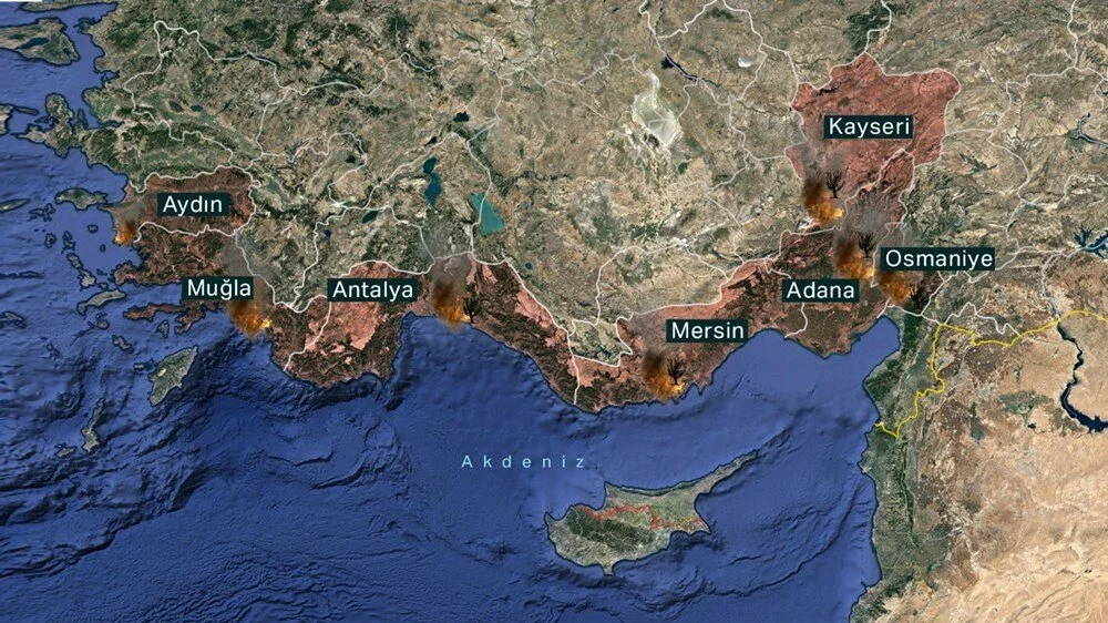 Карта распространения пожаров на территории Турции на 29 июля. Источник: NTV