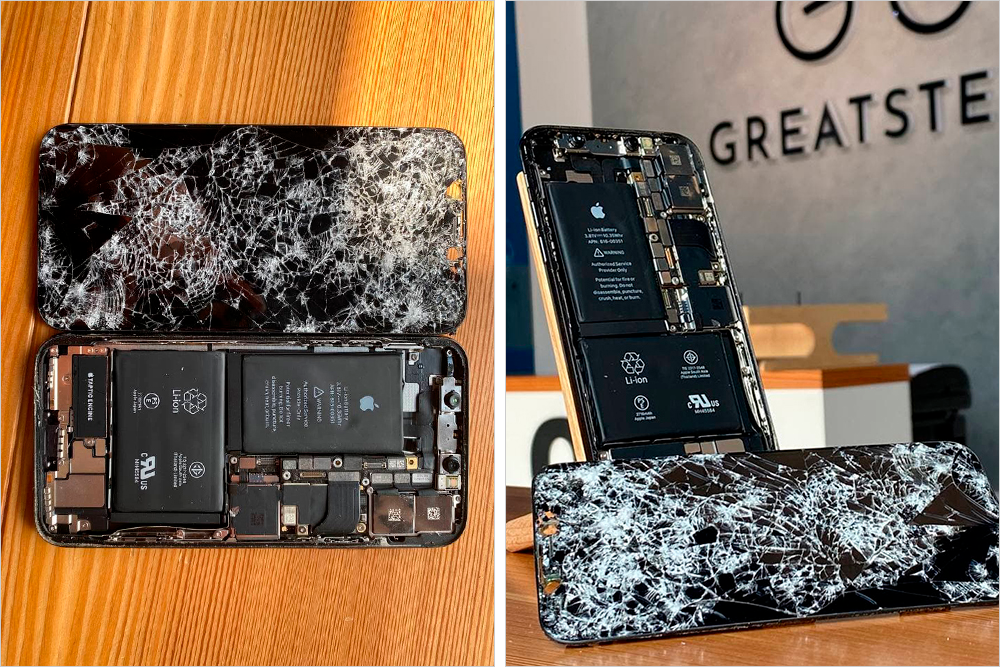 Так, например, выглядит телефон после падения в шахту лифта. Мы заменили ему корпус и дисплей