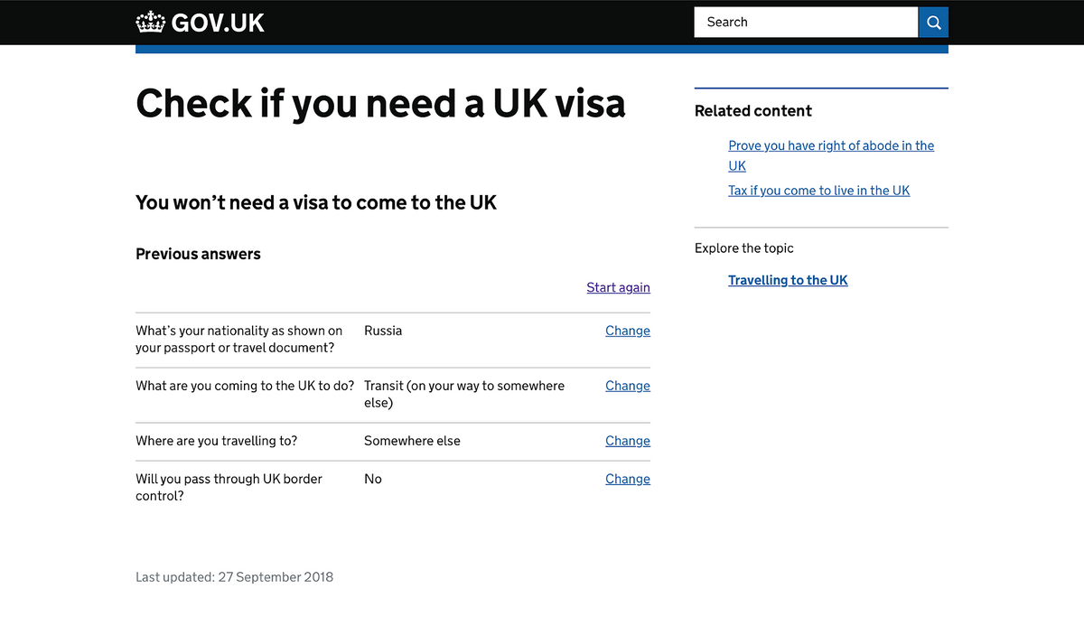 Проверить, нужна ли виза для поездки, можно за пару минут: достаточно ответить на вопросы в выпадающем списке на сайте gov.uk