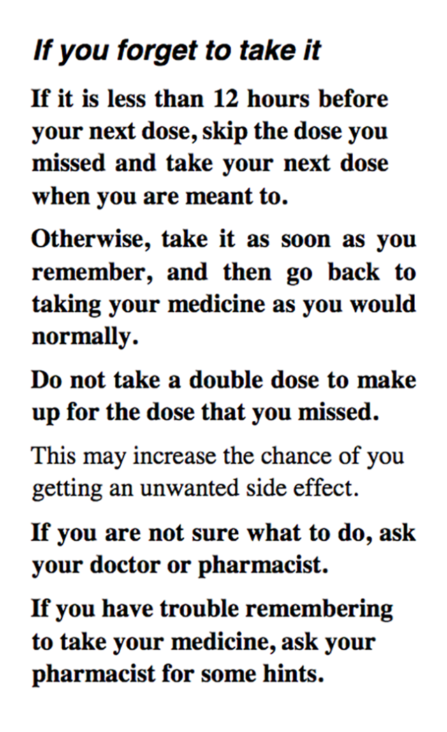 В CMI к амлодипину написано, что пропущенную таблетку можно выпить в тот&nbsp;же день, если прошло меньше 12&nbsp;часов. А если больше, то на следующий день нужно просто продолжать принимать лекарство, как раньше. Двойную дозу пить не нужно