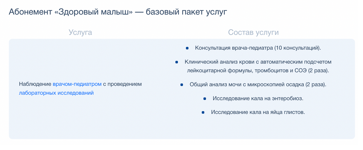 Что может входить в самую простую базовую программу детского абонемента от частной клиники. Источник: medi.spb.ru