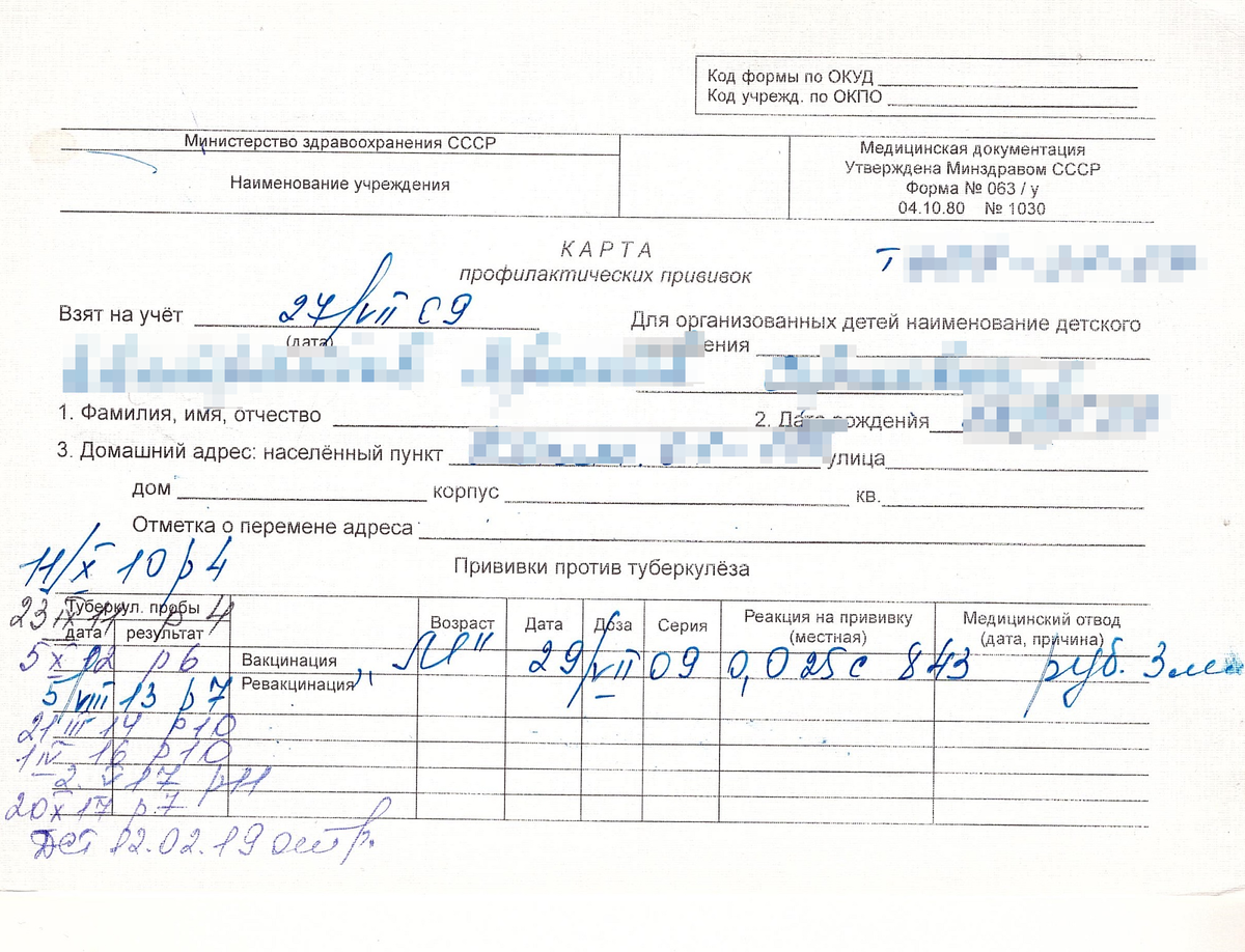 Форма 063 у карта профилактических прививок образец заполнения