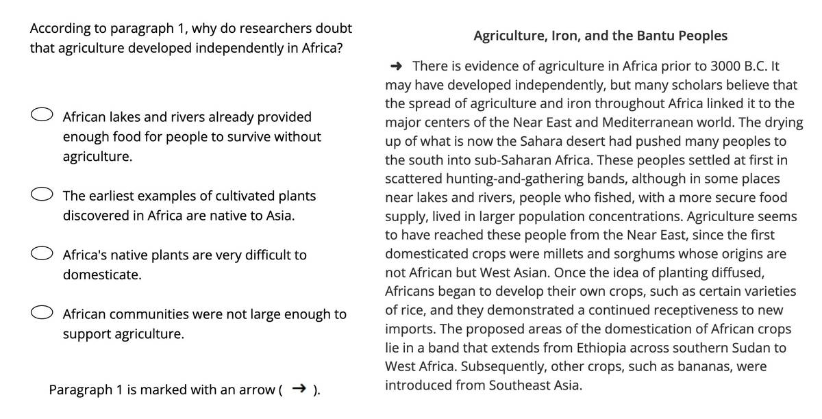Пример вопросов: «Почему исследователи сомневаются, что сельское хозяйство возникло в Африке независимо oт остального мира?» Источник: ets.org