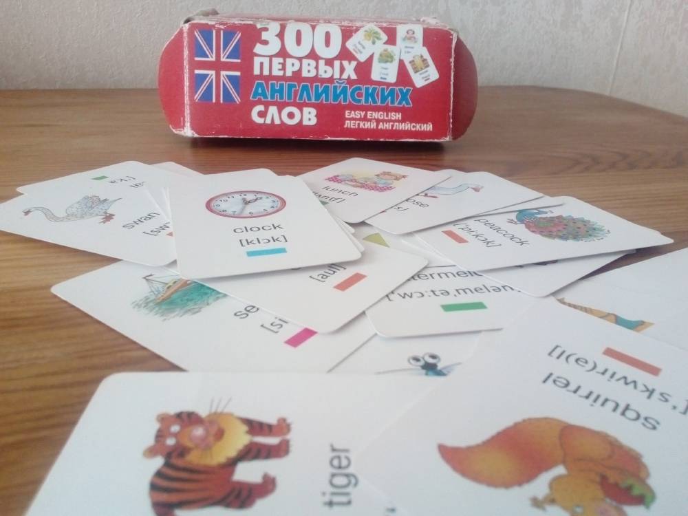 «300&nbsp;первых слов на английском» — удачные карточки, потому&nbsp;что на них с обеих сторон картинки, идеально для&nbsp;тех, кто еще не умеет читать. На «Озоне» они стоят примерно 600 <span class=ruble>Р</span>