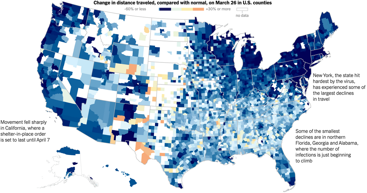 Разница в расстоянии, на которое жители разных округов США путешествовали 26 марта 2020&nbsp;года, по сравнению с обычными показателями. Темно-синий и синий — снижение на 60% или еще сильнее, бежевый и розоватый — рост на 30% относительно обычных показателей. Источник: The&nbsp;New York Times