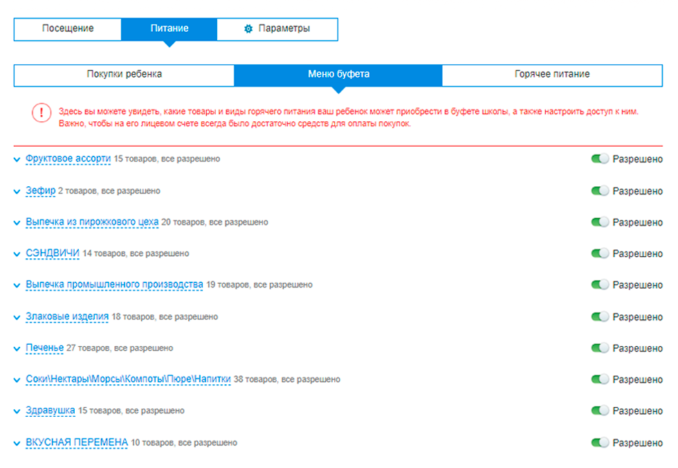 Запретить можно как отдельный продукт, так&nbsp;и целую группу товаров. На сайте «Мос-ру» также получится установить лимит трат и заказывать еду заранее