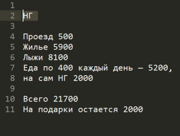На Новый год ребята ездили отдыхать в горы и подробно расписали все расходы. Так они узнали, сколько денег останется на спонтанные покупки