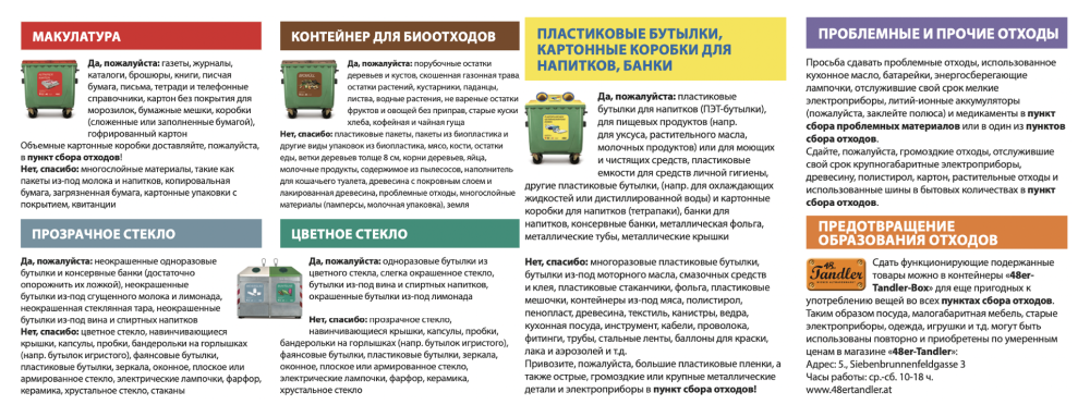 Инструкции по городскому раздельному сбору есть на городском сайте на всех языках, даже на русском