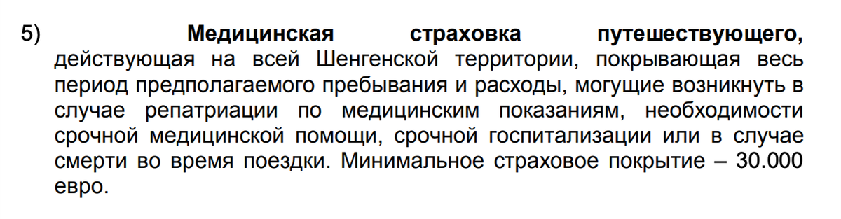 Скриншот из списка необходимых документов для визы в Испанию