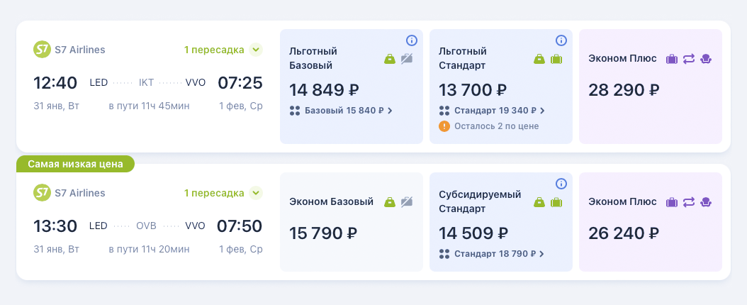 Собственные льготные билеты S7 отмечает как льготные, от государства — как субсидируемые. Источник: s7.ru