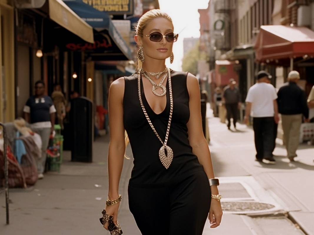 Early 2000s street style photo of Paris Hilton looking absolutely fabulous walking down the&nbsp;streets of SoHo in a black Gucci jumpsuit with a radiant diamond necklace. The&nbsp;natural lighting and&nbsp;careful composition emphasize her stunning figure and&nbsp;luxury vibe. --ar 16:9 --seed 420