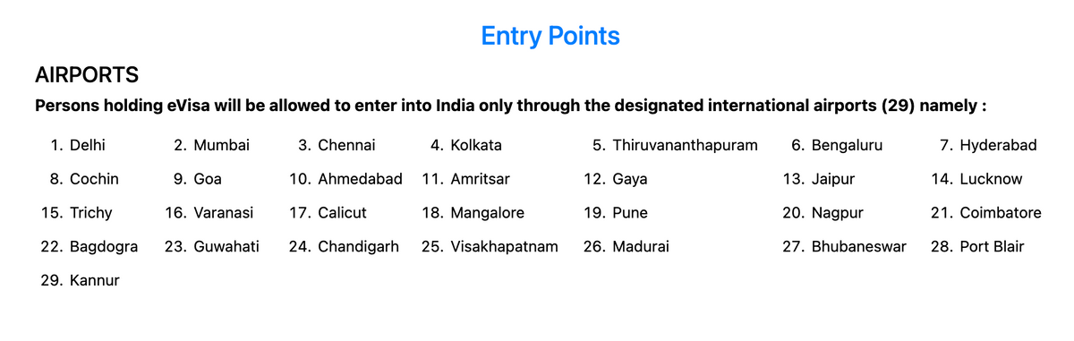 Въехать с eVisa можно лишь через аэропорты 29 городов Индии. Источник: indianvisaonline.gov.in