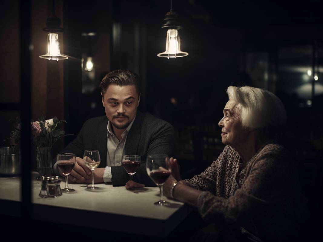 Leonardo DiCaprio on a date with and&nbsp;old lady sitting in the&nbsp;cafe and&nbsp;drinking wine, Natural Lighting, dramatic lighting, shot on Agfa Vista 200, --seed 4241213854