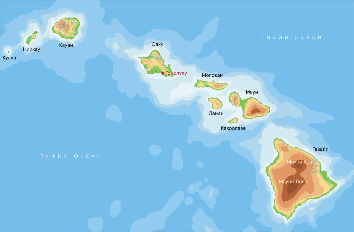 Карта Гавайских островов. Самый большой остров — Гавайи, самый развитый и населенный — Оаху со&nbsp;столицей Гонолулу