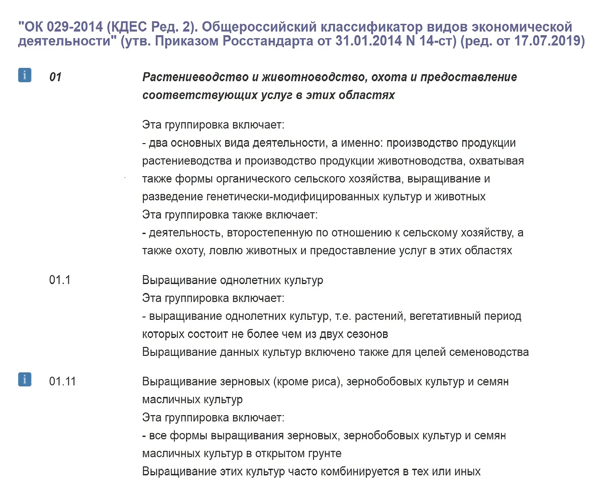 В группу кодов 01 входит 129 видов деятельности, включая разведение оленей и двугорбых верблюдов. Полный список смотрите в классификаторе