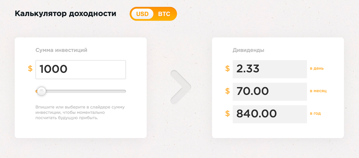 Калькулятор доходности на сайте BTC Trade