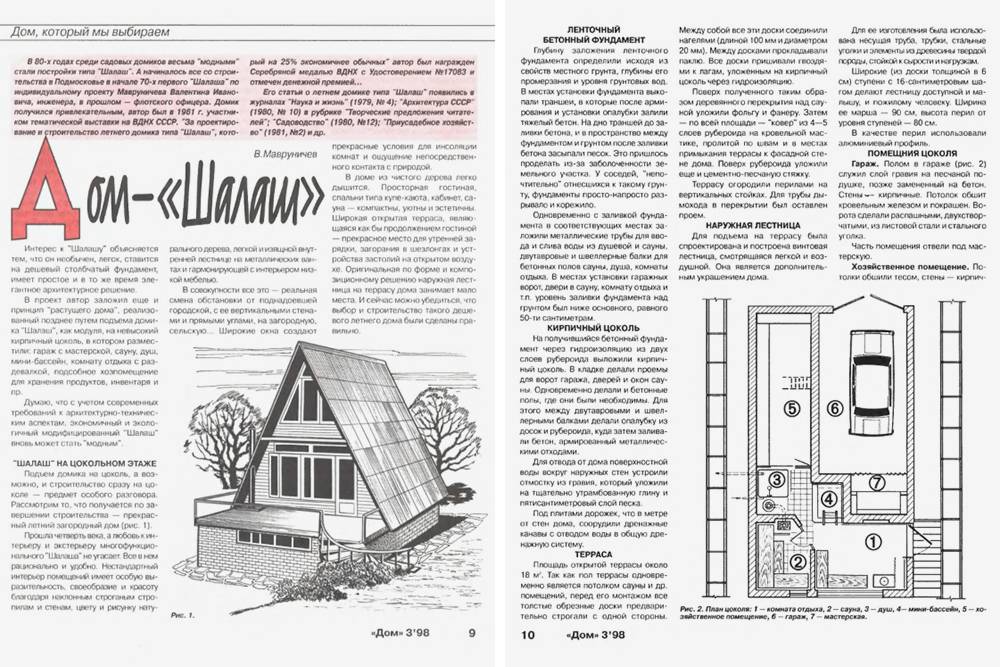 Проект дома-шалаша с&nbsp;гаражом в&nbsp;журнале «Дом» 1998&nbsp;года. Источник: zhurnalko.net