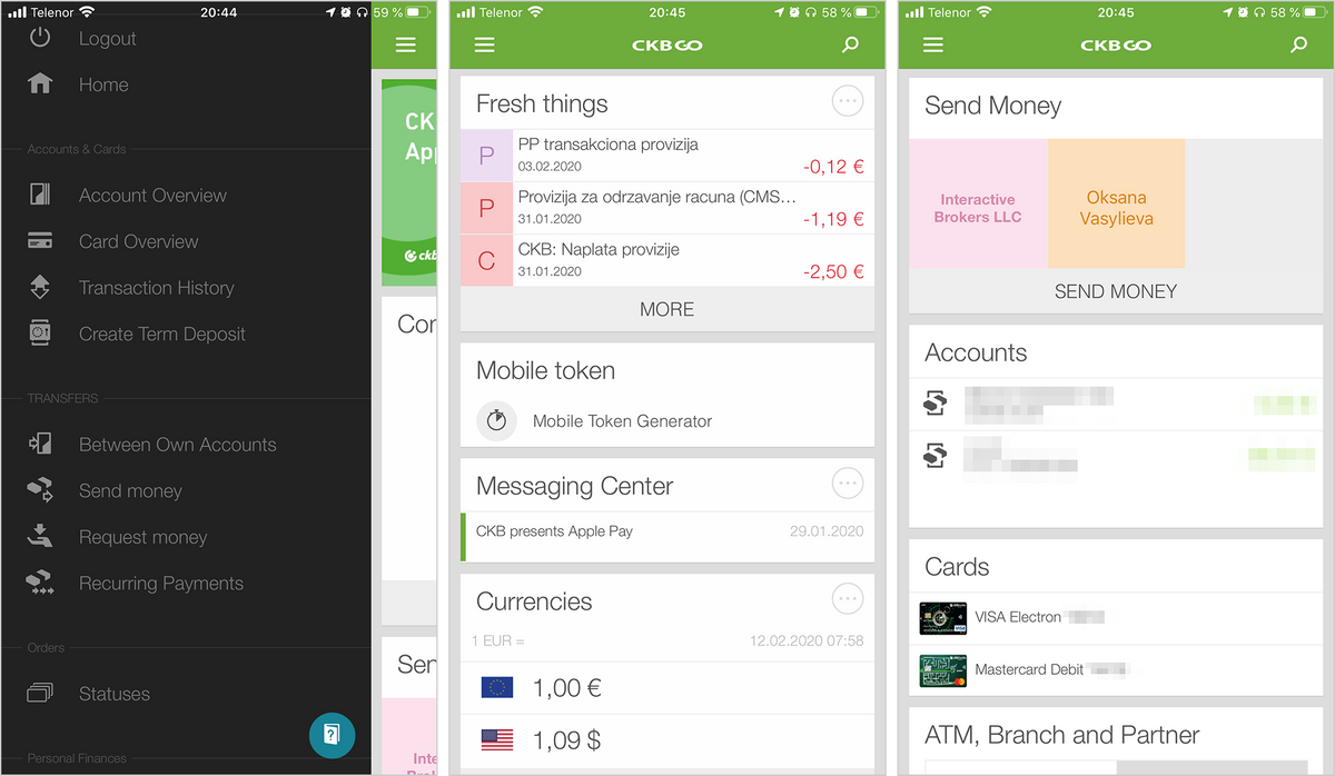 Интерфейс мобильного приложения банка CKB для&nbsp;iOS