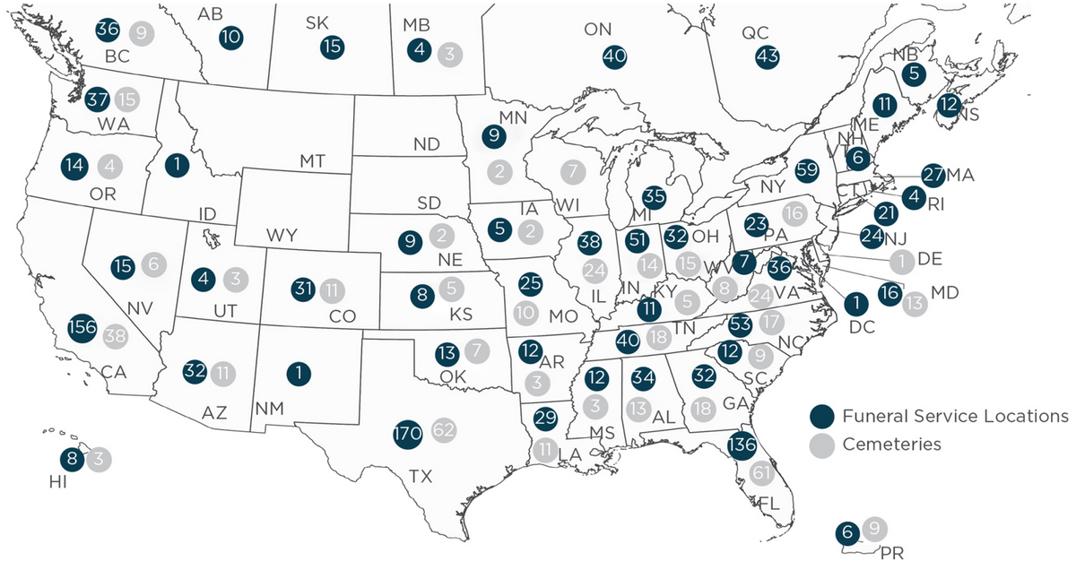 Карта владений компании в США. Синий — ритуальные службы, серый — кладбища. Источник: годовой отчет компании, стр.&nbsp;8
