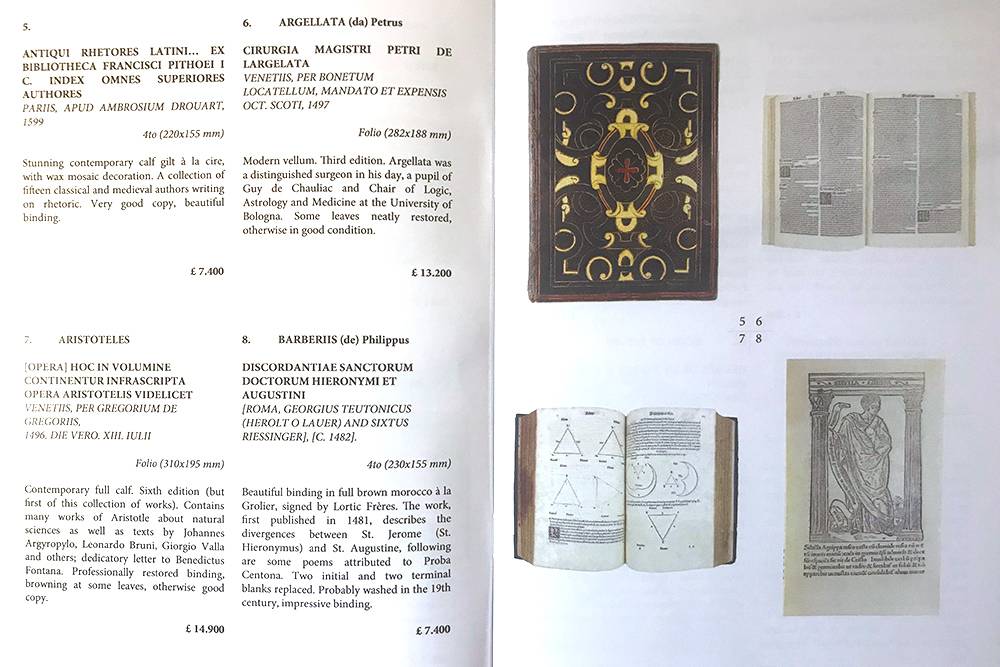 Три инкунабулы и палеотип на странице выставочного каталога одного из значительных туринских магазинов Il Cartiglio