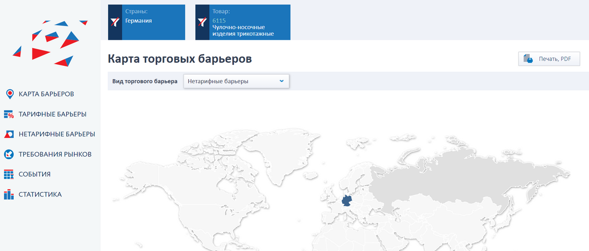 На сайте РЭЦ есть карта, зарегистрированные пользователи могут смотреть аналитику по разным странам. Выбираем как страну Германию и ставим код носочных изделий 6115940000