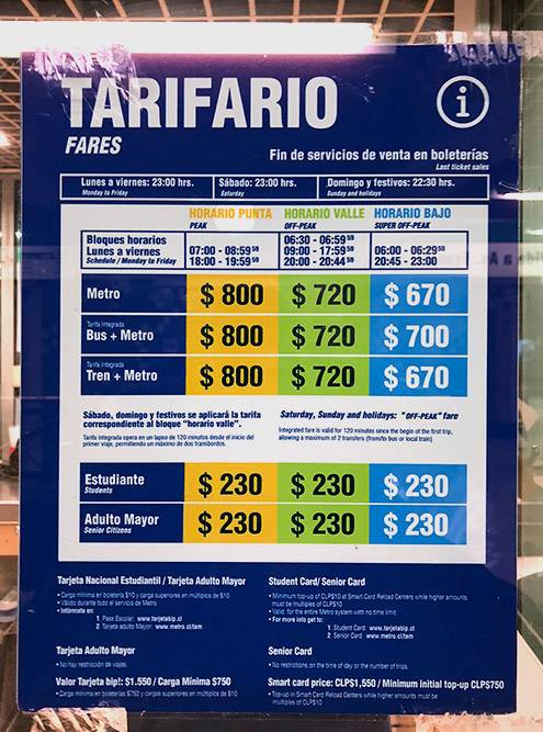 Стоимость проезда в метро Сантьяго. В пиковое время с 07:00 до 08:59 и с 18:00 до 18:59 поездка обойдется дороже