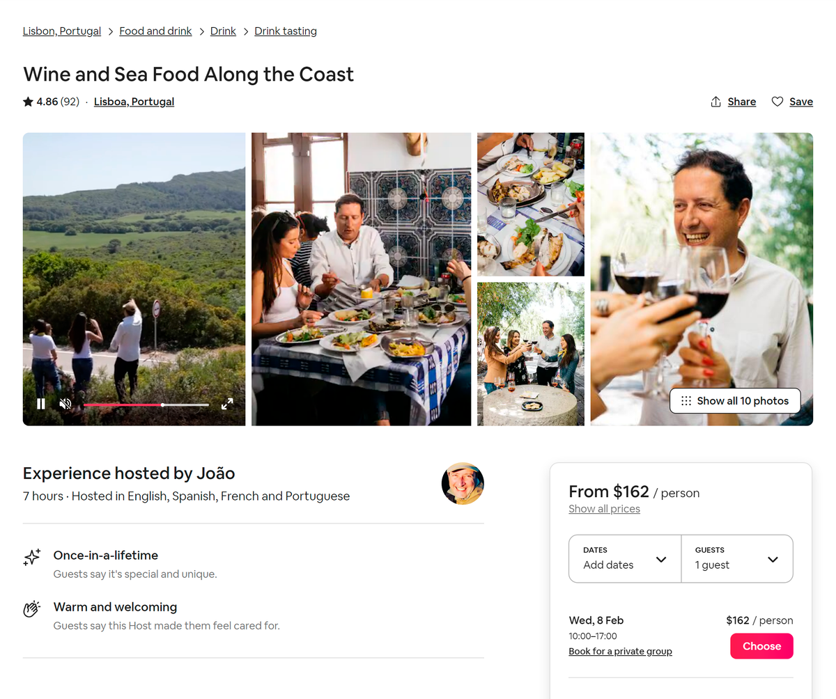 Одно из самых впечатляющих приключений на моей памяти — гастротур с вином и морепродуктами по побережью Португалии. Источник: airbnb.com