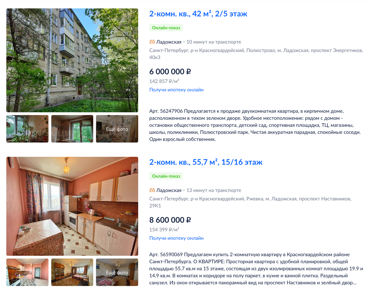 Цены на двухкомнатные квартиры в Красногвардейском районе. Источник: cian.ru